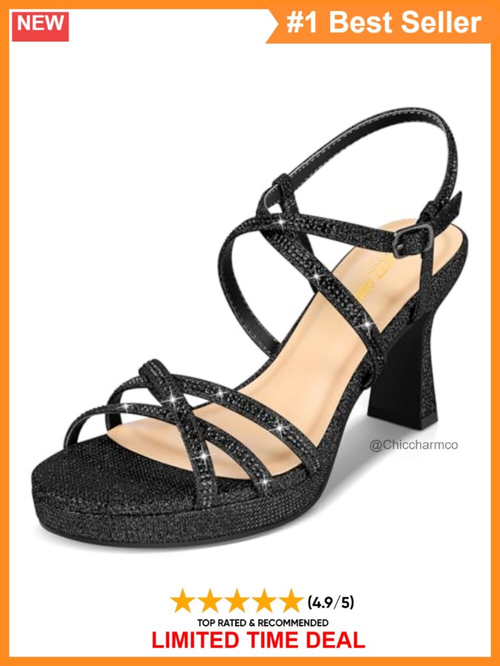 PIZZ ANNU Women's Stellora Platform High Heels Block Chunky Strappy Sparkly
